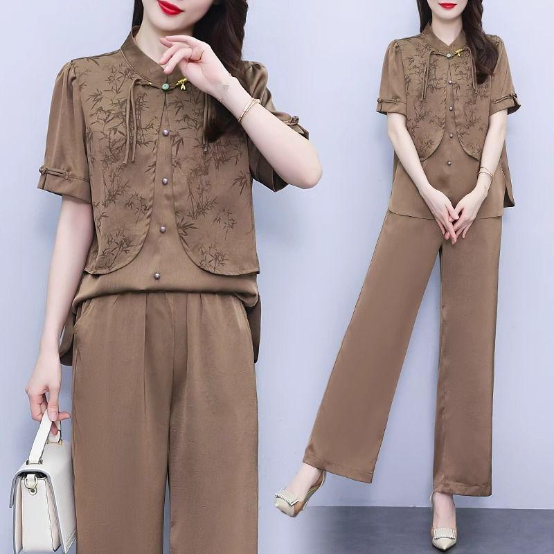 

Mom s 2025 Summer Slimming Casual Two-Piece Set: Short Sleeve Top & Printed Pants XL (Recommended for 115-130 jin)