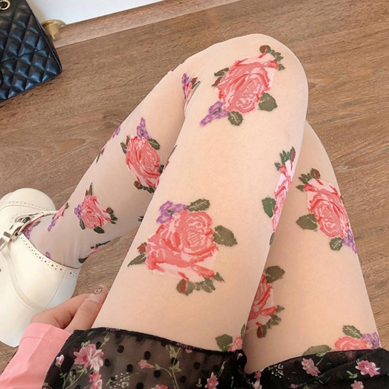 Women Vintage Rose Patterned Thin Tights Japanese JK High Waist Footed Pantyhose Silky Stockings Sheer Fashion Hosiery