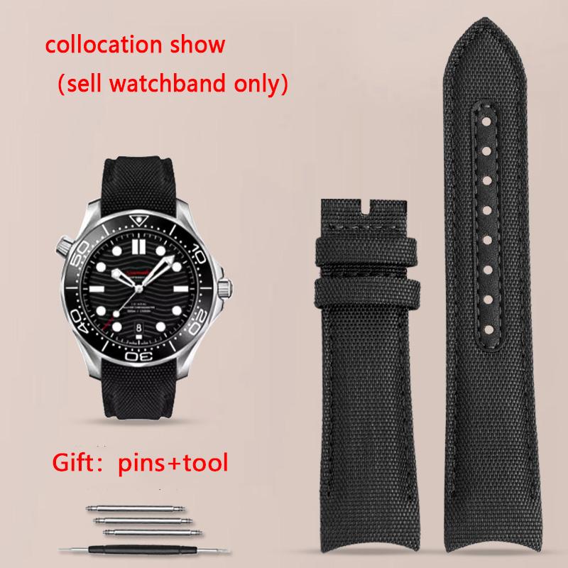 Curved End Watchband for Omega Seamaster 300 Watchband Nylon Canvas Wrist Bracelet for Seiko Rolex Water Ghost Straps 20mm 22mm