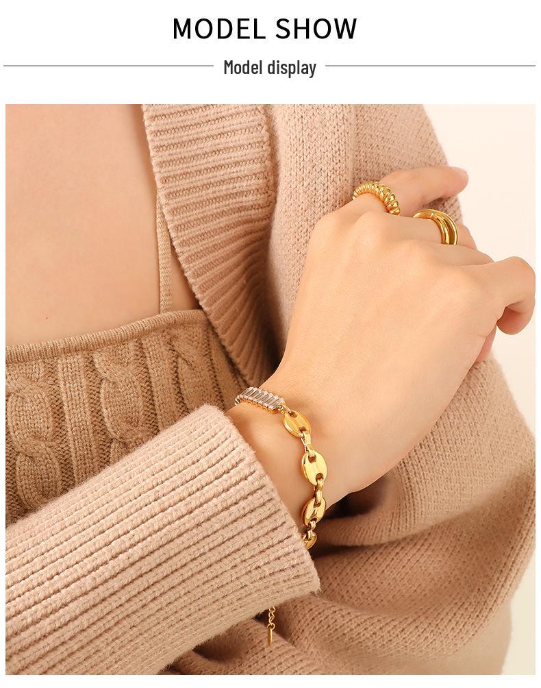 Geometric Zircon Pig Nose Spliced Bracelet & Necklace Set - European/American Nude Chain, Non-Fading P196-E009