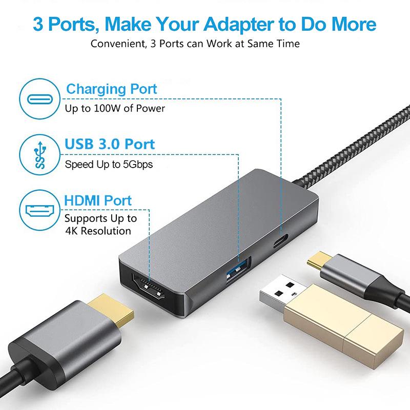 USB-C to HDMI Multi-Port Hub: 3-in-1 Laptop Dock with HD Screen Mirroring