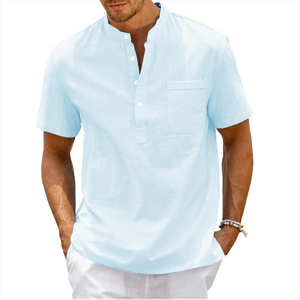 Summer Men's Cotton Short Sleeve T-shirt Solid Color Stand Collar Loose Pullover Shirt Thin Soft Comfortable Button T-shirt Top