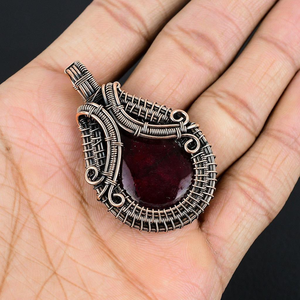 Red Flash Labradorite Pendant, 999 Copper Wire Wrapped Jewelry, Gemstone Jewelry Pendant, Handmade Wedding Gift Jewelry