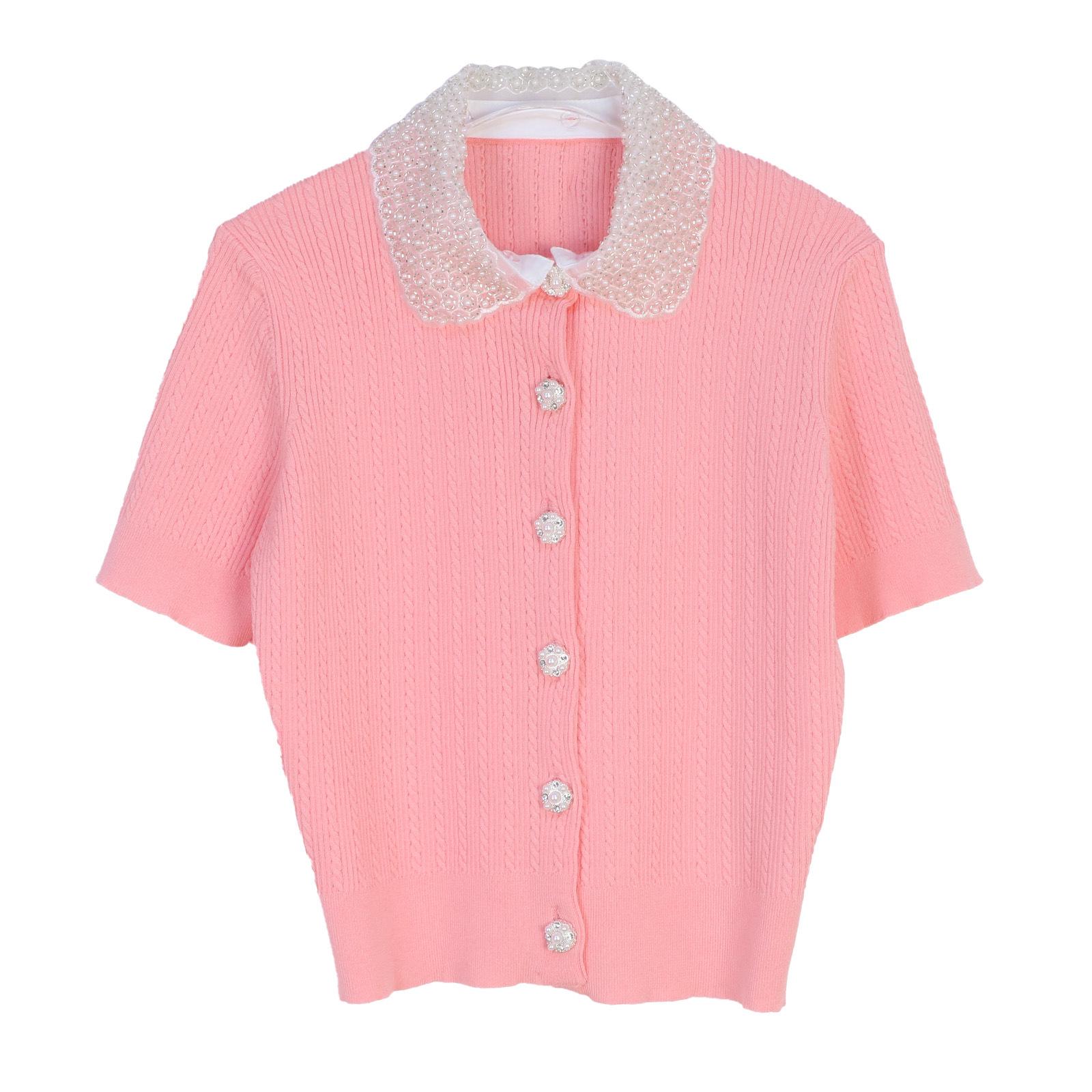 

Шикарный вязаный кардиган с коротким рукавом во французском стиле с жемчужным воротником Питер Пэн для весны/лета – милая, омолаживающая женская мода. Large (L)