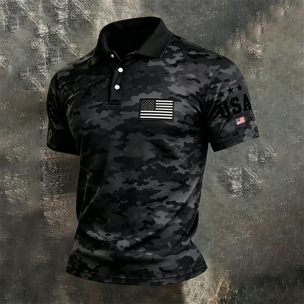 Men's Casual Short Sleeve Polo Shirt with Independent Day Flag Print and Color Block Design for Outdoor and Everyday Wear