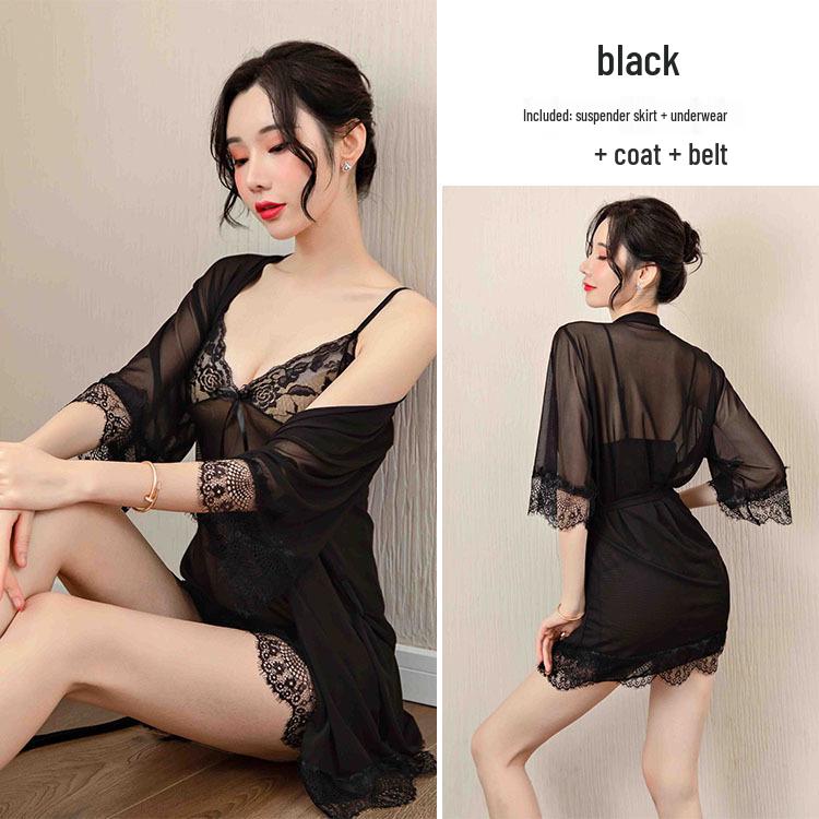 Ensemble de Lingerie en Dentelle Grande Taille 3 Pièces: Nuisette camisole d'été sexy en soie glacée transparente.