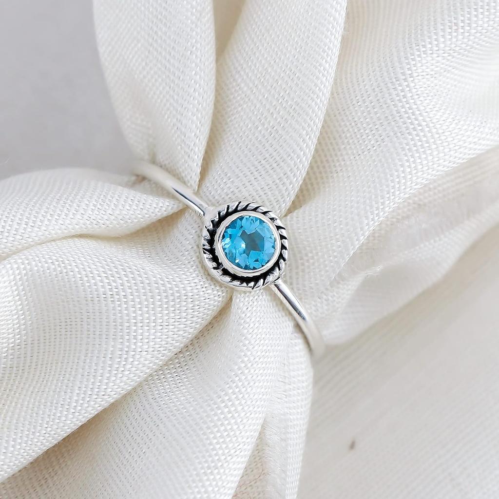 Blue Topaz Gemstone Ring, Handmade Designer Ring, Stacking Ring, Gift For Her, 925 Sterling Silver Ring, Valentine Ring