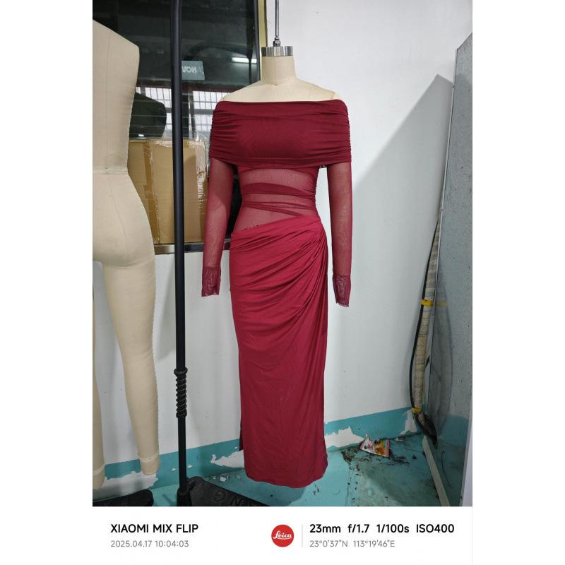 JY24308 summer 2026 new long dress, European and American style temperament sexy one-word shoulder mesh hollow dress women