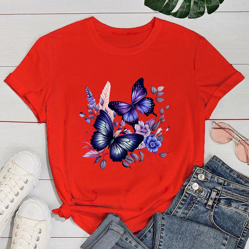 (Premium T-shirt)Hot Sales Flowers Butterfly T Shirts Women Summer Cool Short Sleeves Personality Harajuku T-Shirt