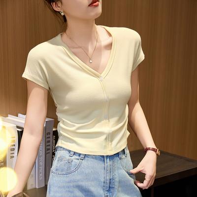 Modal Cotton Skin-friendly Button Pleated Waist V-neck T-shirt for Women's Summer Short-sleeved Thin Top