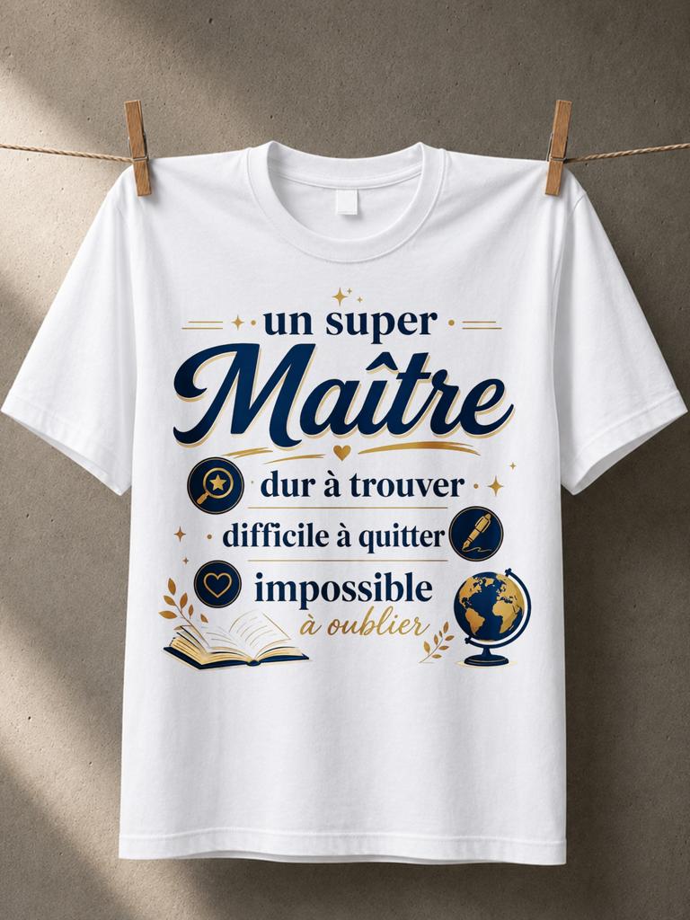Un Super Maitre With French Teacher Quote Open Book Globe Pen Icons And Navy Gold Elegant Unisex All TShirt