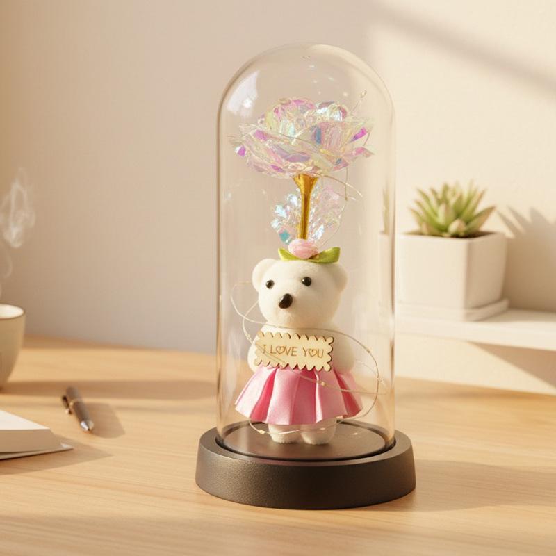 

Crystal Gold Foil Rose Flower Bear Glass Dome Ornament - Valentine s & Mother s Day Gift with Night Light Acrylic Cover + Color Box