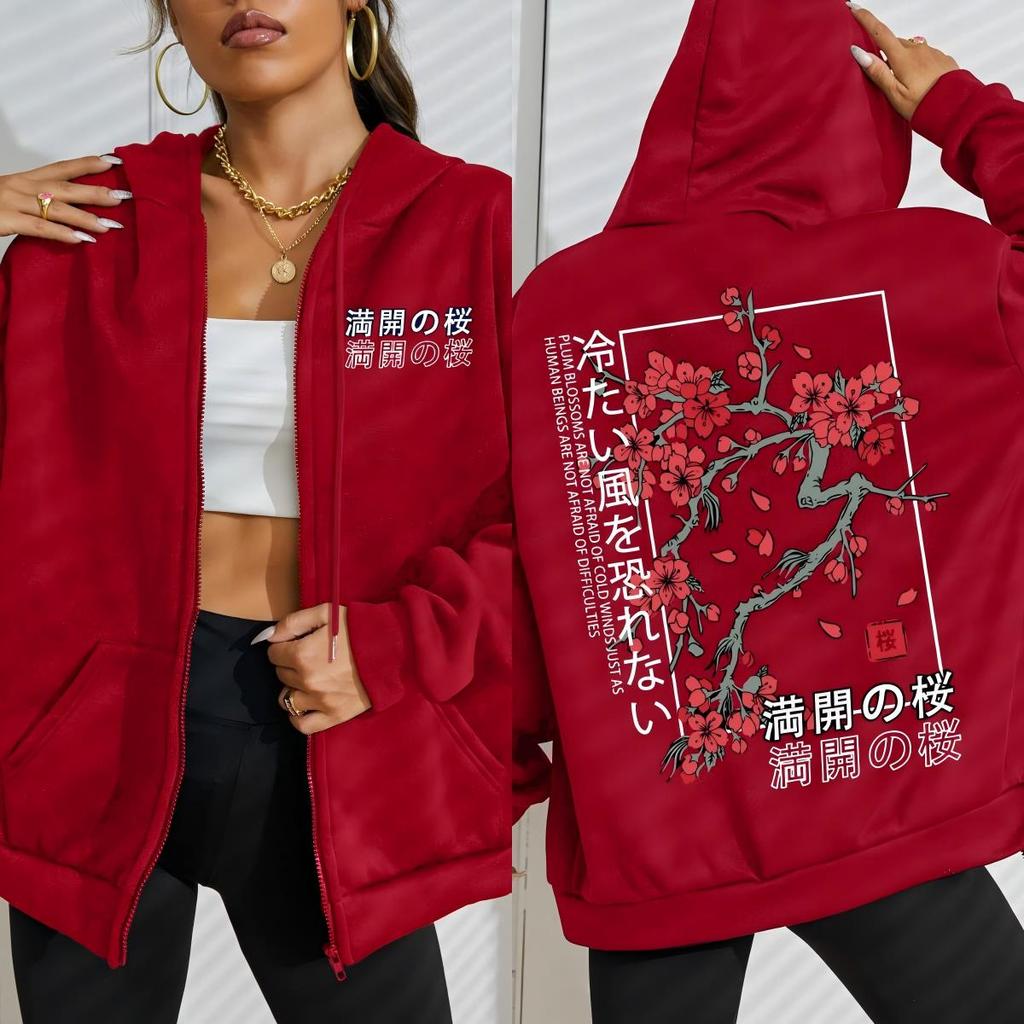 Japan Tokyo Beautiful Cherry Blossom Creative Letter Prints Zipper Hoodies Women Autumn Streetwear Fleece Hoody