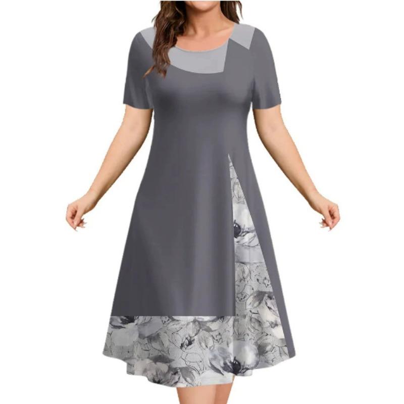 New Amazon summer women s dress patchwork printing short-sleeved women s loose A-shaped skirt elegant drift S