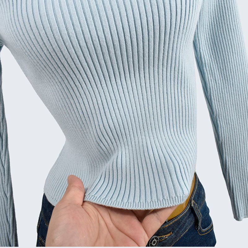 Autumn and Winter Thick Round Neck Short Long-Sleeved Knitting Sweater Sunken Stripe Stretch Pullover Pure Color Bottoming Shirt Women's Clothing