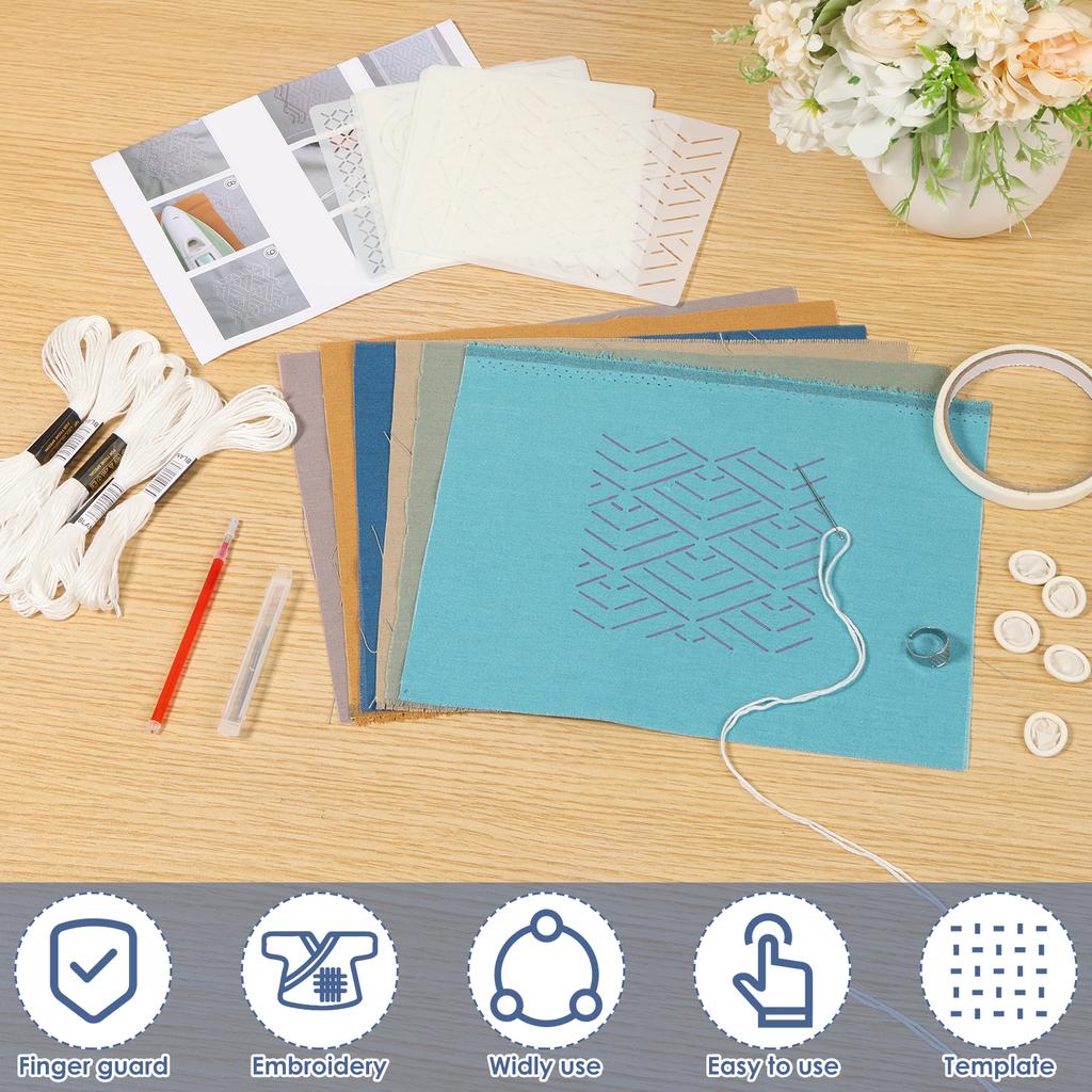 12Pcs Sashiko Stencils Kit Complete Sashiko Thread and Needles Thimble Set Denim Fabric Embroidery Kit for Beginners Quilting