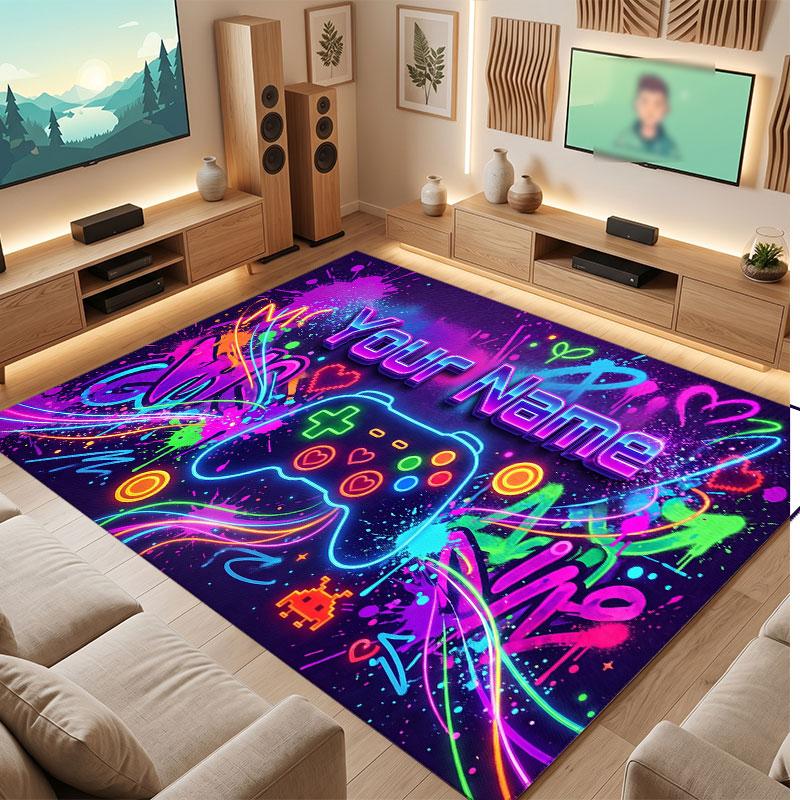 Neon Colorful Theme Crystal Velvet Floor Rug Personalized Custom Name Text Warm Carpet Home Decoration