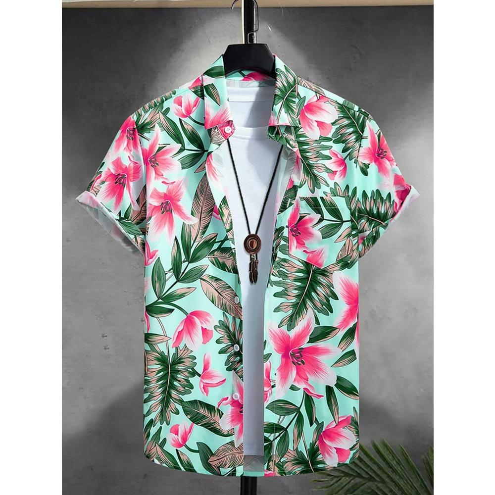 Hawaiian Color Coconut Tree Print Lapel Fashion Men's Shirt 2026 Men's Seaside Resort Casual Style Men's Short-sleeved Shirt
