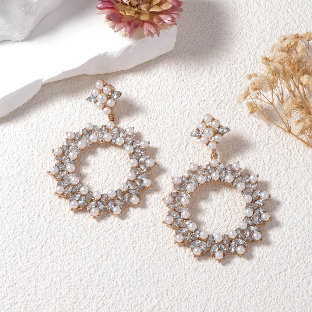 European and American Fashion Simple Bohemian Exaggerated Geometric Inlaid Glass Rhinestone Imitation Pearl Temperament Earrings Women