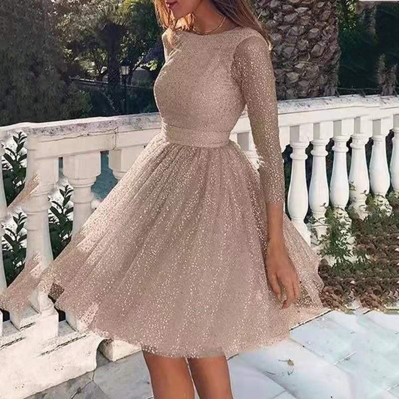 2026 Womens Shimmer Long Sleeve A-Line Dress High Waist Evening Gown Formal Party Slim Fit V-Neck Sequin Detail