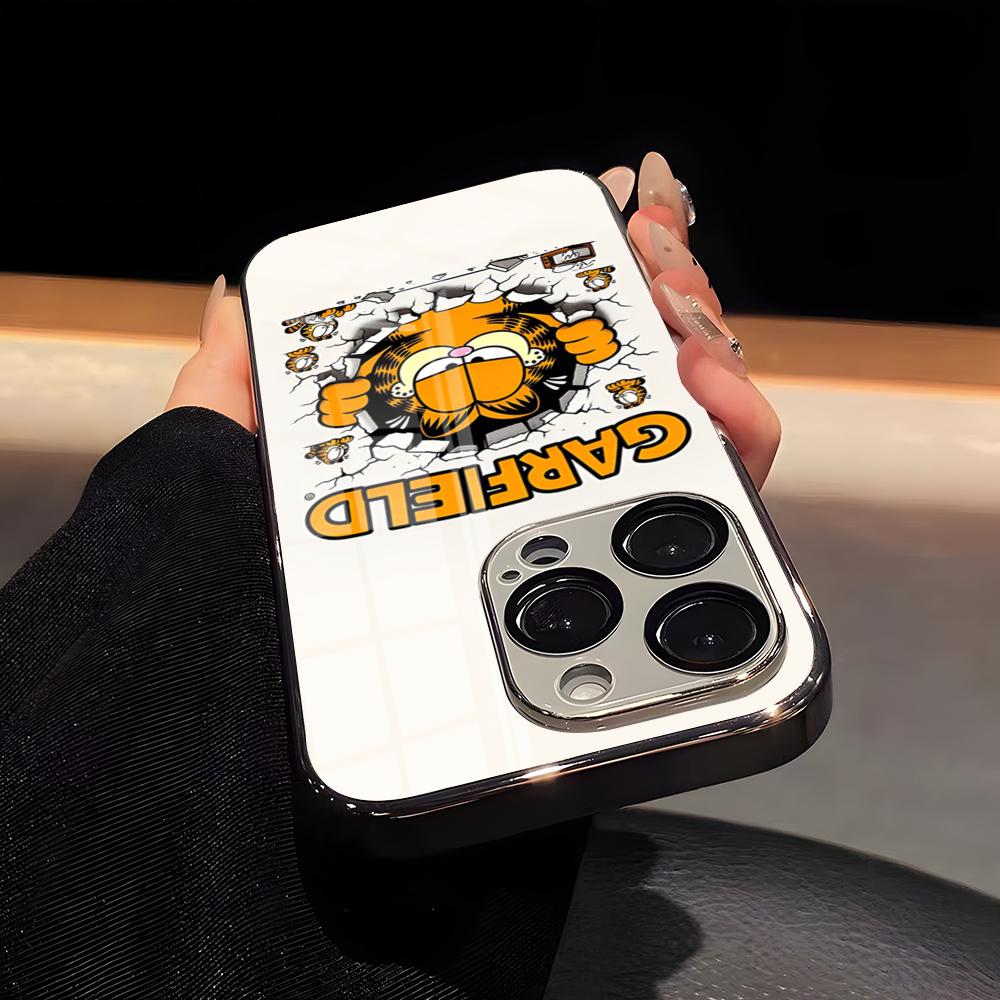 G-Garfield Phone Case Luxury Glass Phone Case For IPhone 17 16 15 14 13 12 11 Pro Max Plating Frame Cover