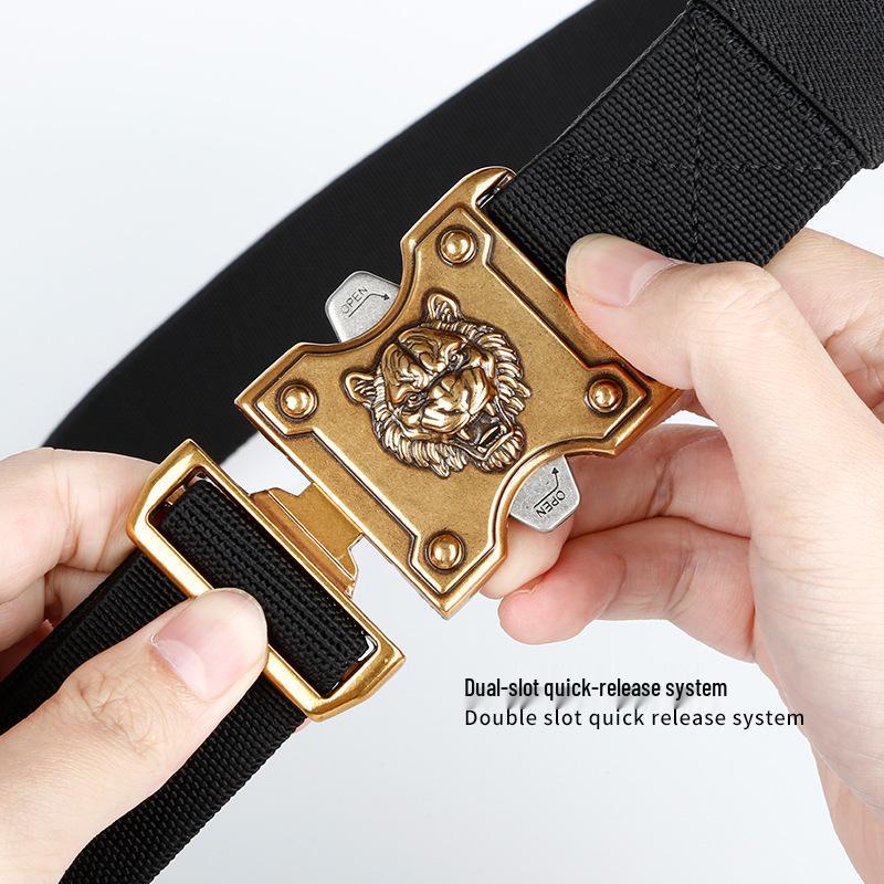 Men's Business Casual Tactical Belt with Tiger Head Buckle - Customizable Logo, Light Luxury Design.