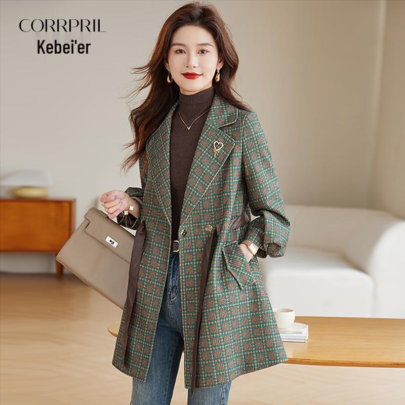 Kebell Women's Houndstooth Mid-Length Trench Coat