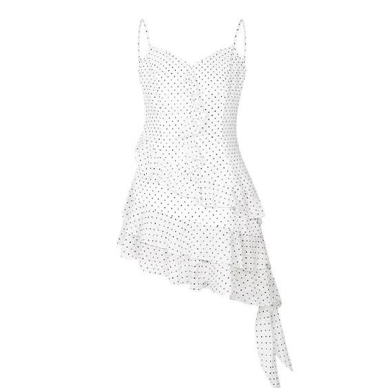 Slightly Fat Mm Holiday Style Suspender Dress Women's Lotus Leaf Edge White Polka Dot Skirt