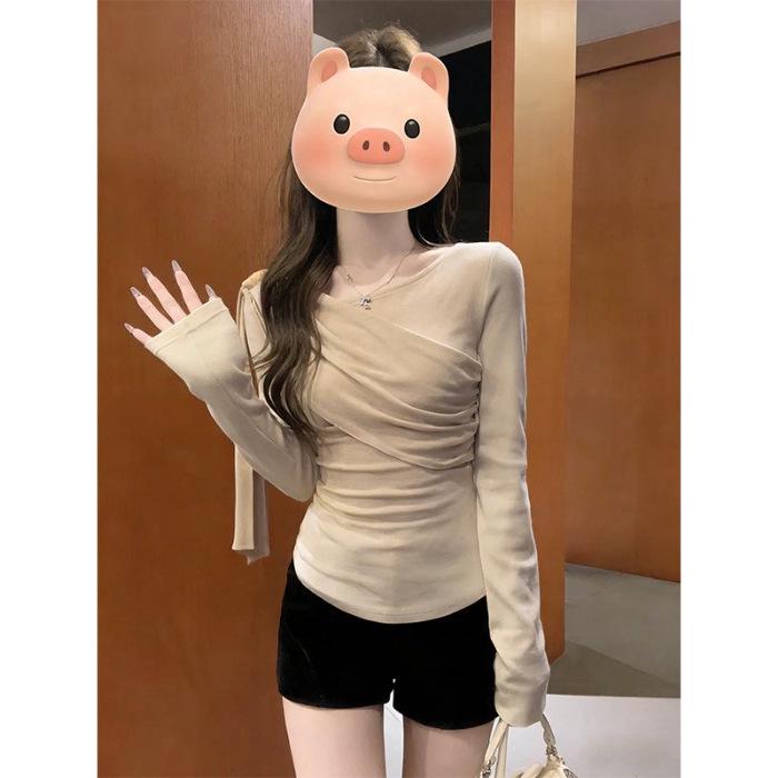 

Korean Chic Solid Color Long Sleeve Women s T-Shirt - Slim Fit, Trendy Early Spring Top Small