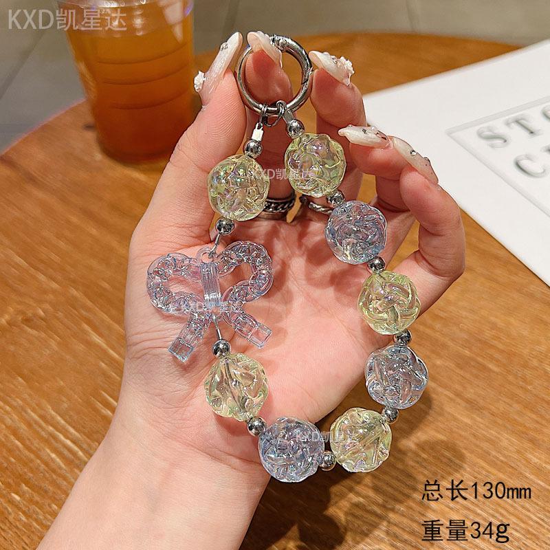 Crystal Transparent Bowknot Beaded Exquisite Flower Short Wrist Pendant Phone Case Earphone Bag Accessories Keychain