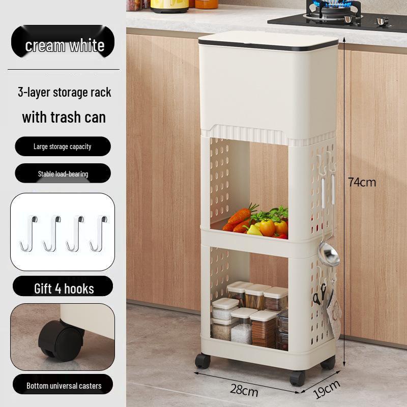 Multi-Layer Kitchen Trash Can & Snack Storage Rack with Lid & Wheels