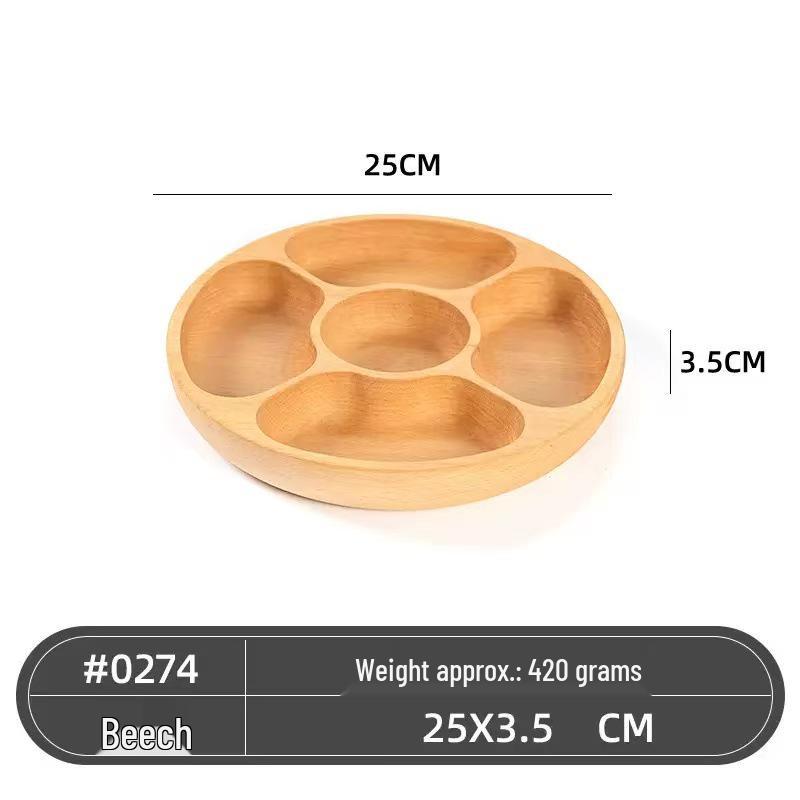 Japanese Style Solid Wood Round Fruit Plate with Five Compartments - Ideal for Snacks and Dried Fruit