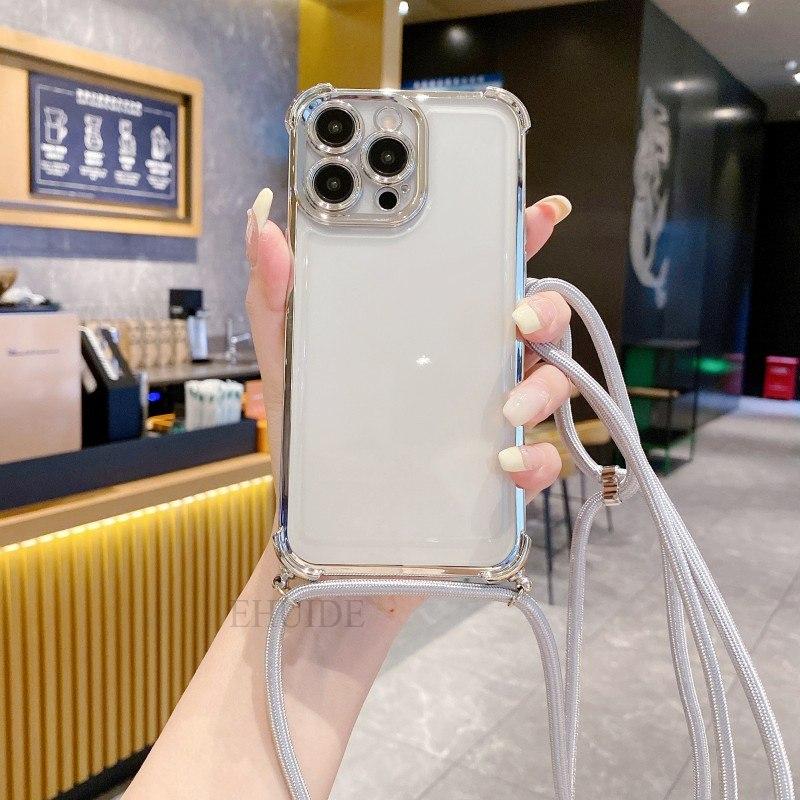 Plating Clear Strap Case For OPPO Realme 13 Pro Plus C55 C53 Reno 12F 12 11F 11 10 8 Crossbody Lanyard Cord 6D Shockproof Cover