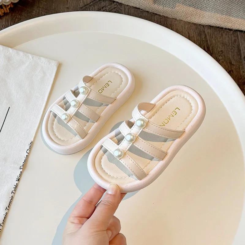 Children Casual Sandals Girls Summer Princess Slippers with Simple Pearls Kids Chic Beach Shoes for Vacation Elegant Temperament