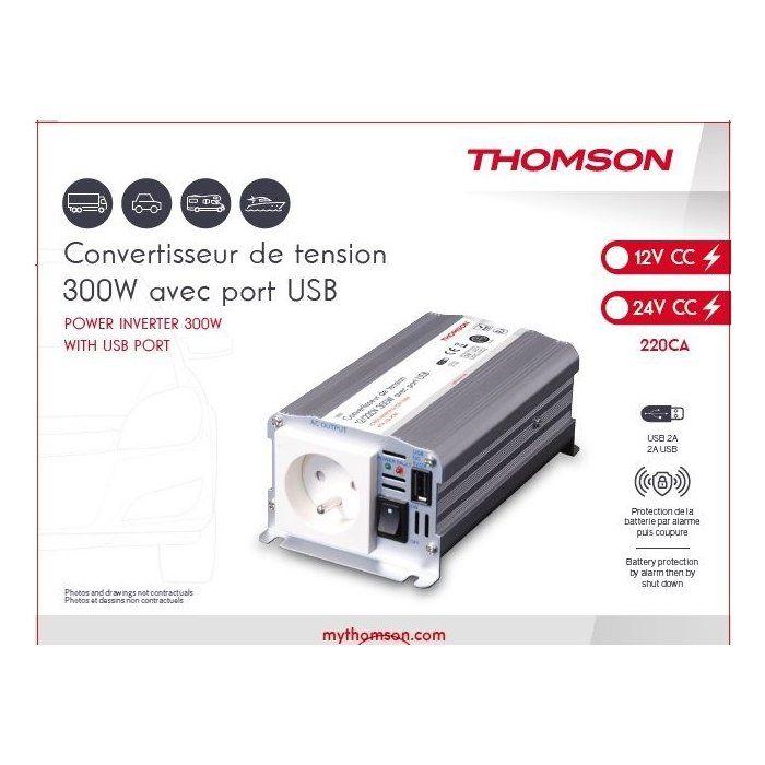 Convertisseur de tension THOMSON - 24V/220 V - 300 W - Prise USB-A 2A - Avec cordon allume cigare