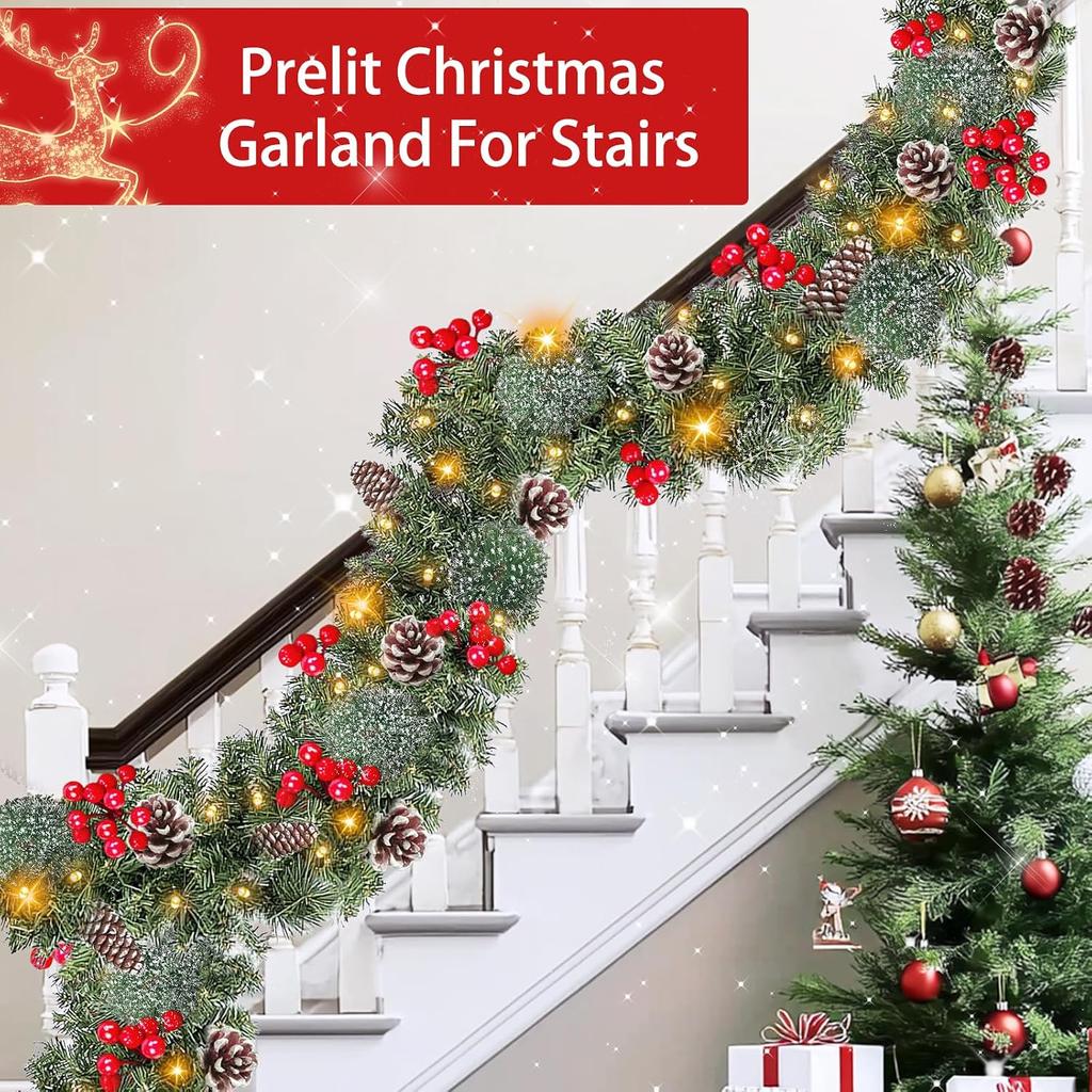 Timer 8 Mode - 9Ft by 10 Inch Prelit Christmas Garland with 50 Warm Lights,Thick 270 Snowy Tips 70 Red Berry 10 Pinecone Battery Operated Real Touch