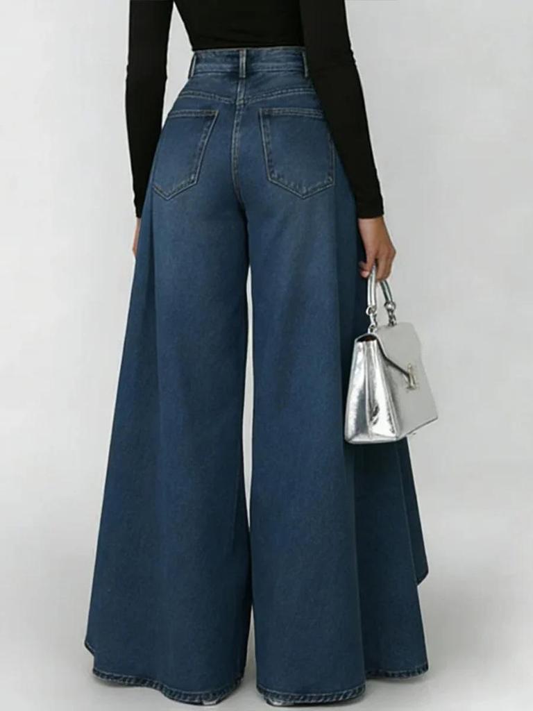 Pantaloni dritti a zampa d'elefante, tinta unita, in finto denim, con bottoni, nuovo stile