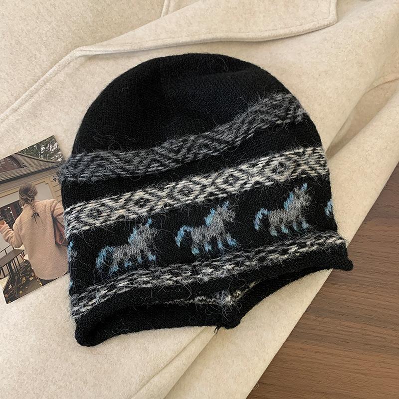 Vintage Jacquard Knitted Stacking Hat Women's Winter Brown Curled Warm Fashion Baotou Hat Ear Protector Cold Hat