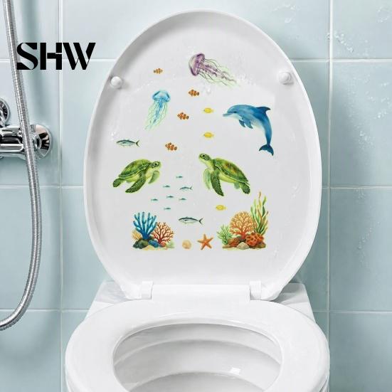 Underwater World Toilet Seat Decals Ocean Themed Glow In The Dark Stickers, Waterproof PVC Marine Life for Bathroom Stickers Wall Decor, Dolphins