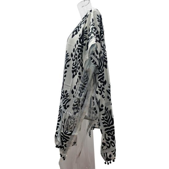 Tassle Ball Güneş Koruma Mayo Hırka Kadın Boho Yarım Kollu Baskılı Plaj Cover Up