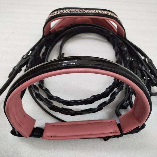 Leather Padded Comfort Bridle with Pink Color Stone & Padding Dressage Bridle .