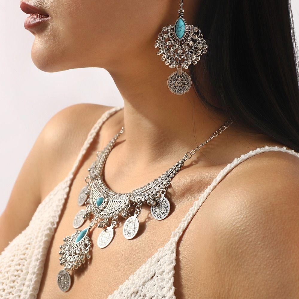 Korean Style Crystal Jewelry Set Turquoise Sparkling Necklace Sweet Rhinestone Tassel Earring  Gift