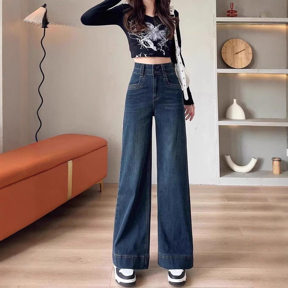 

Women s High Waist Wide Leg Jeans - Deep Blue, Floor Length, Loose Fit, Popular Spring/Autumn Trousers Medium