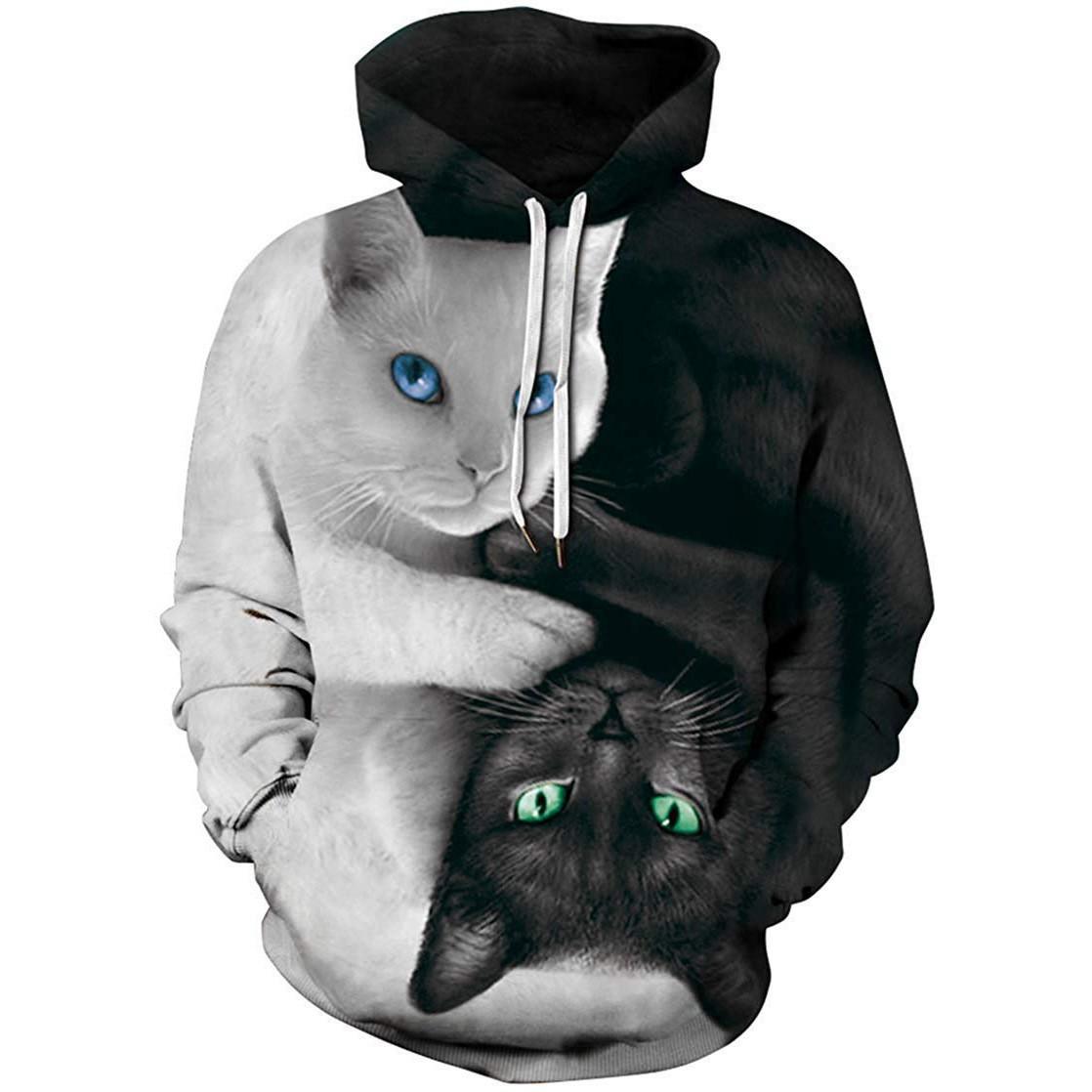 

Весенние новые топы с цифровой печатью черного кота, осенние и зимние свободные свитера с капюшоном и длинными рукавами для пар, большие ярды 6XL