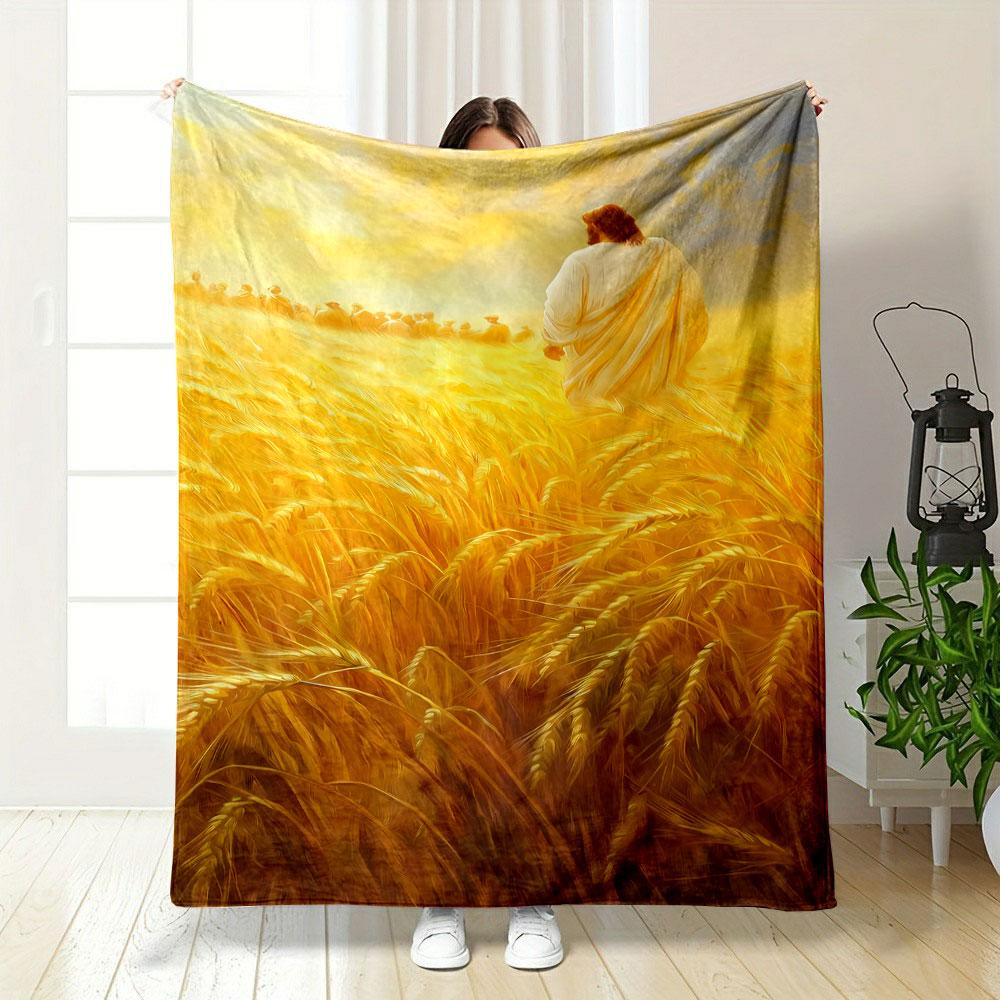 Jesus In Wheat Field Cozy Blanket Printed Blanket for Living Room Bed Couch Lunch Break Soft Cozy Blanket for Friend's Festival Gift