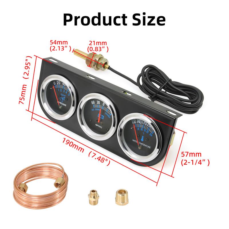 2'' 52mm 3 In 1 Triple Gauge Oil Pressure + AMPERES + Water Temp Auto Gauge Universal Triple Meter Kit With Sensor For Car Truck