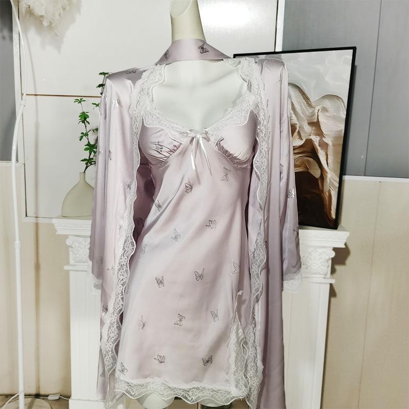 Schmetterlingsmuster Tiefer V-Ausschnitt Gepolsterter Schlafanzug-Set: Sexy und schlankmachendes Nachthemd aus Eis seide mit Feen-Camisole.