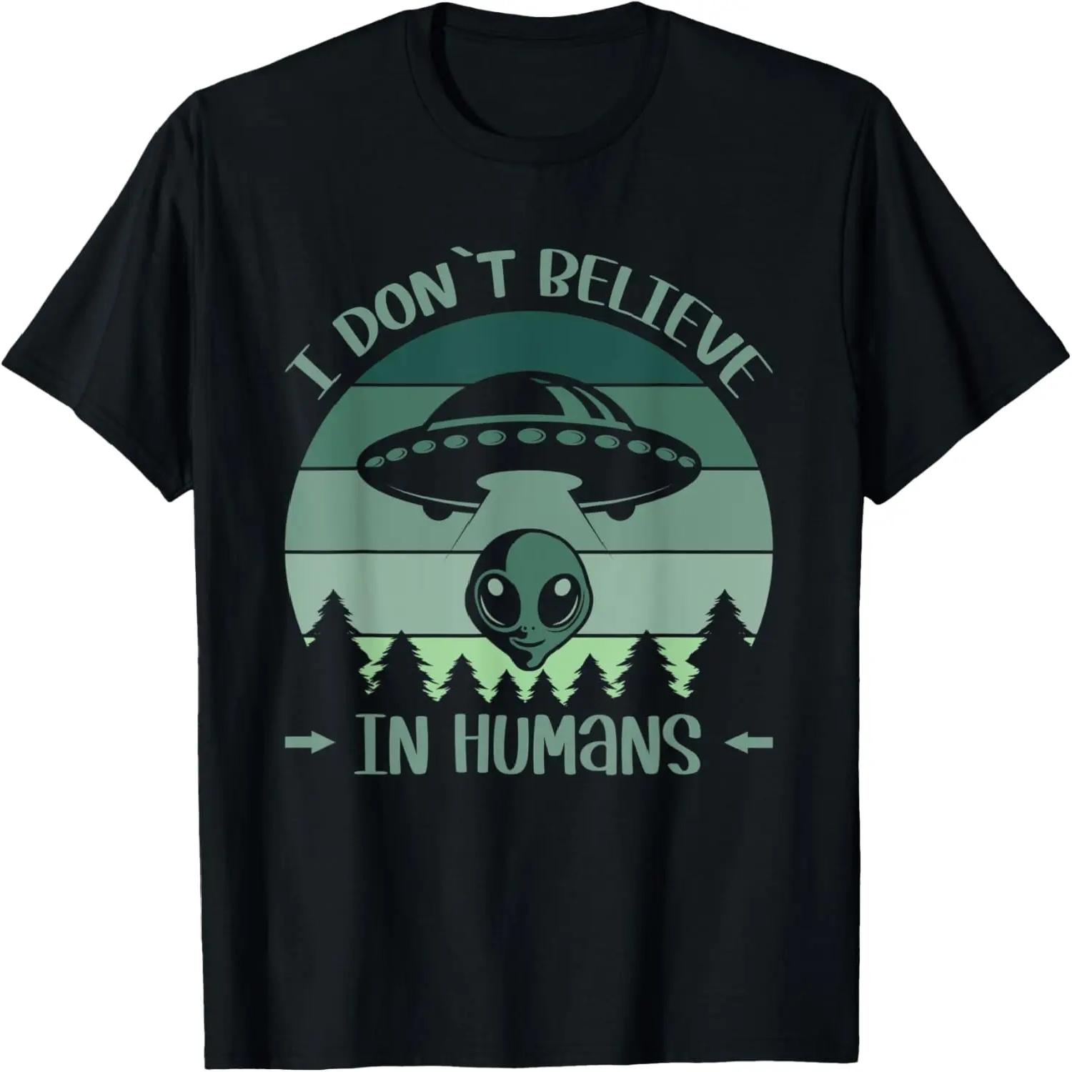 Retro Green Alien Head & Ufo - I Dont`t Believe In Humans T-Shirt S