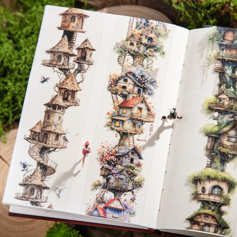 Fantasy Domek na stromě Bezešvá PET páska - Kreativní Chata DIY Samolepky s krajinou