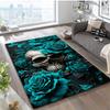 Dark Gothic Skull Rug,Metallic Skull with Teal Roses Non-Slip Floor Mat for Bedroom & Living Room, Edgy Exotic Home Decor Carpet
